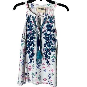 Savanna Jane Sleeveless Batik Embroidered Top W/ Tassle Tie. Size S. EUC